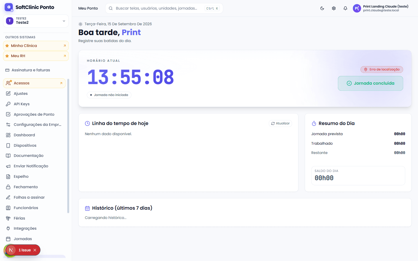 Tela Meu Ponto do SoftClinic Ponto, com o horário atual, o status da jornada, a linha do tempo do dia e o resumo com saldo