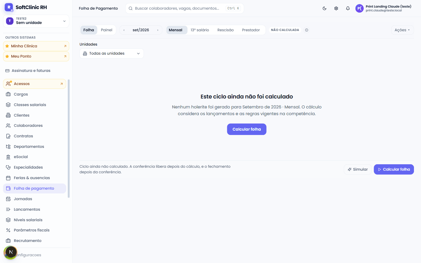 Dashboard do RH com colaboradores ativos, folha do mês, admissões e desligamentos